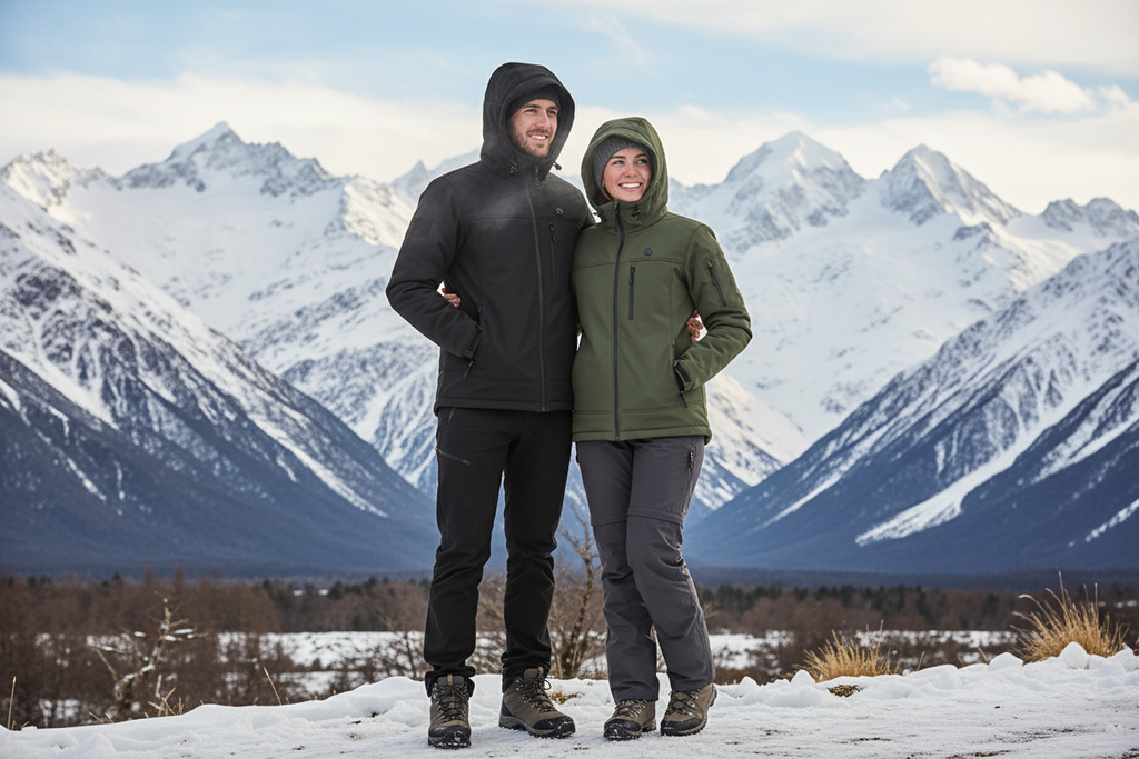 Couple Heated Jackets Mountains