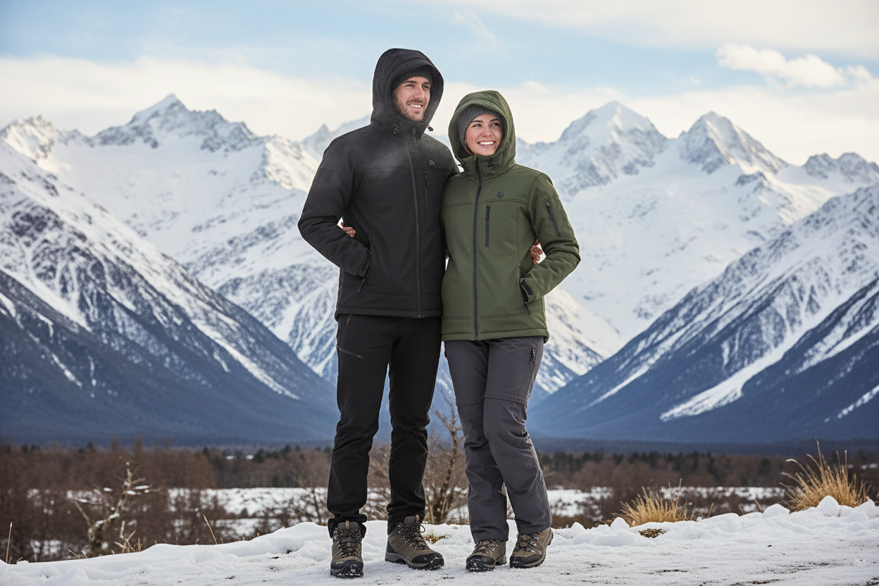 Couple Heated Jackets Mountains