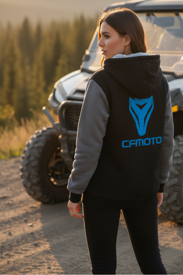 Female model wearing CFMOTO hoodie