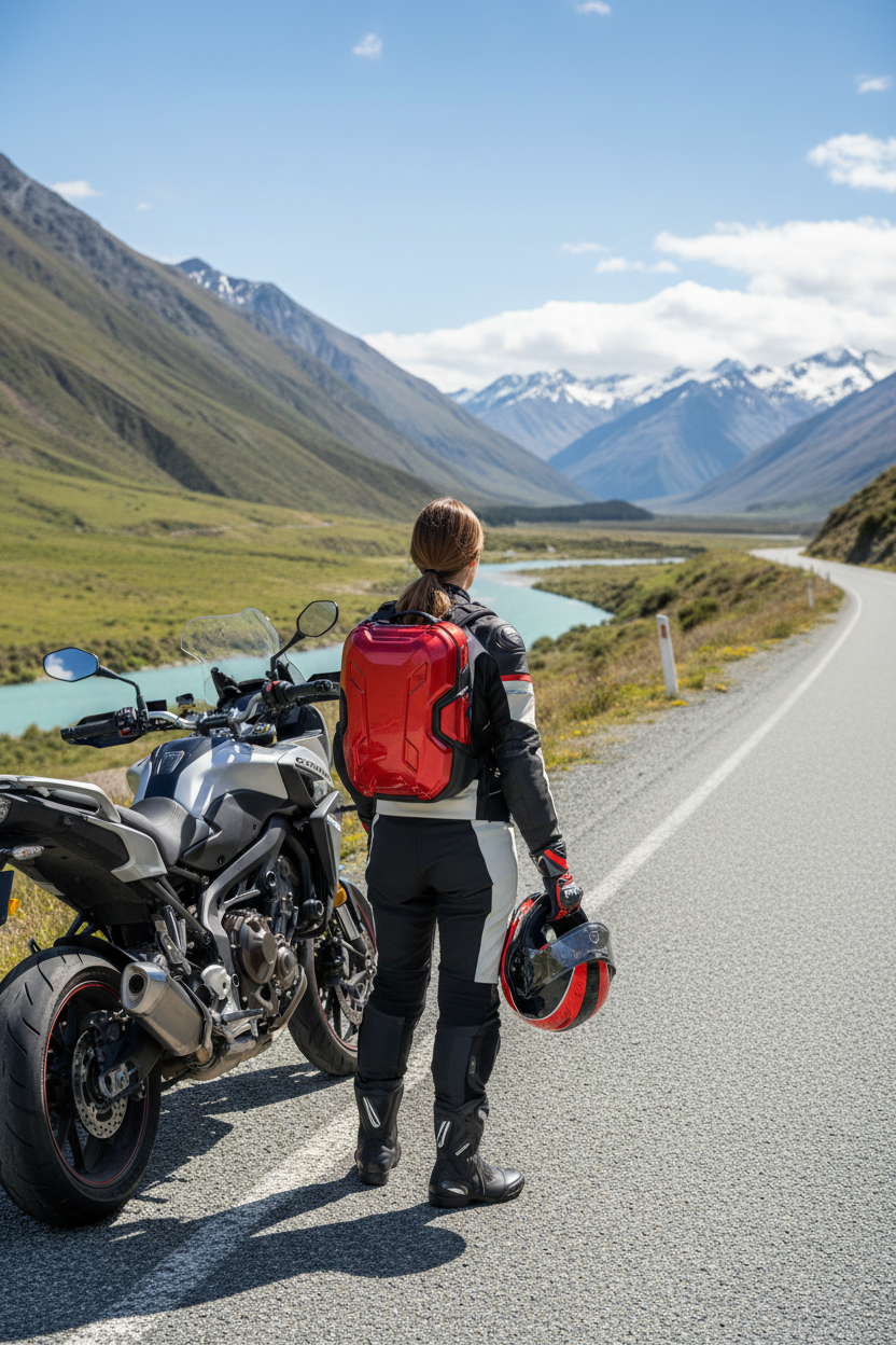 Female rider with red backpack