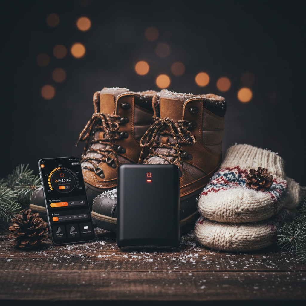 Flat lay - device phone app boots and socks