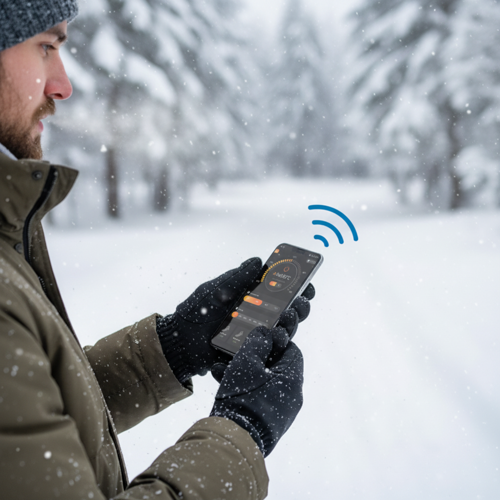 Bluetooth controller in hand outdoors snowy setting