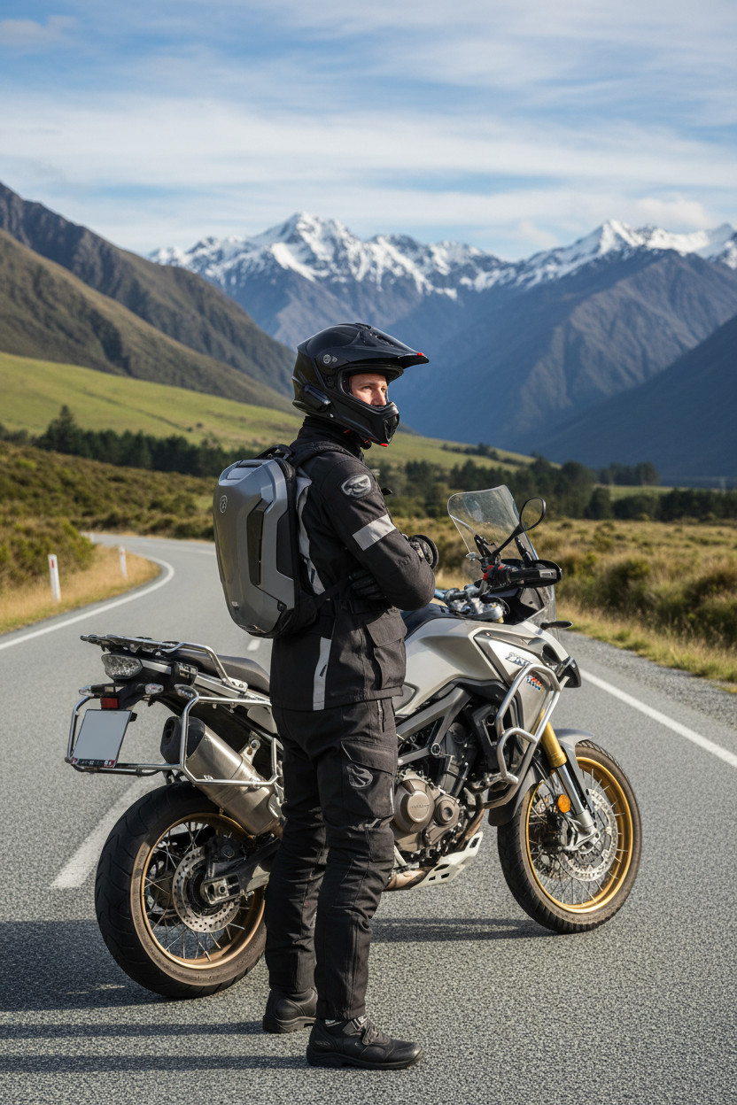 Male rider with grey backpack